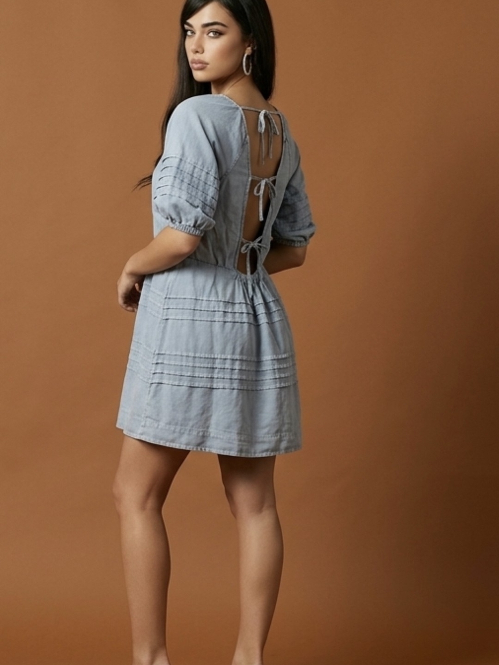 7 For All Mankind Blue Chambray Puff Sleeve Pintuck Tie-Back Mini Dress Medium